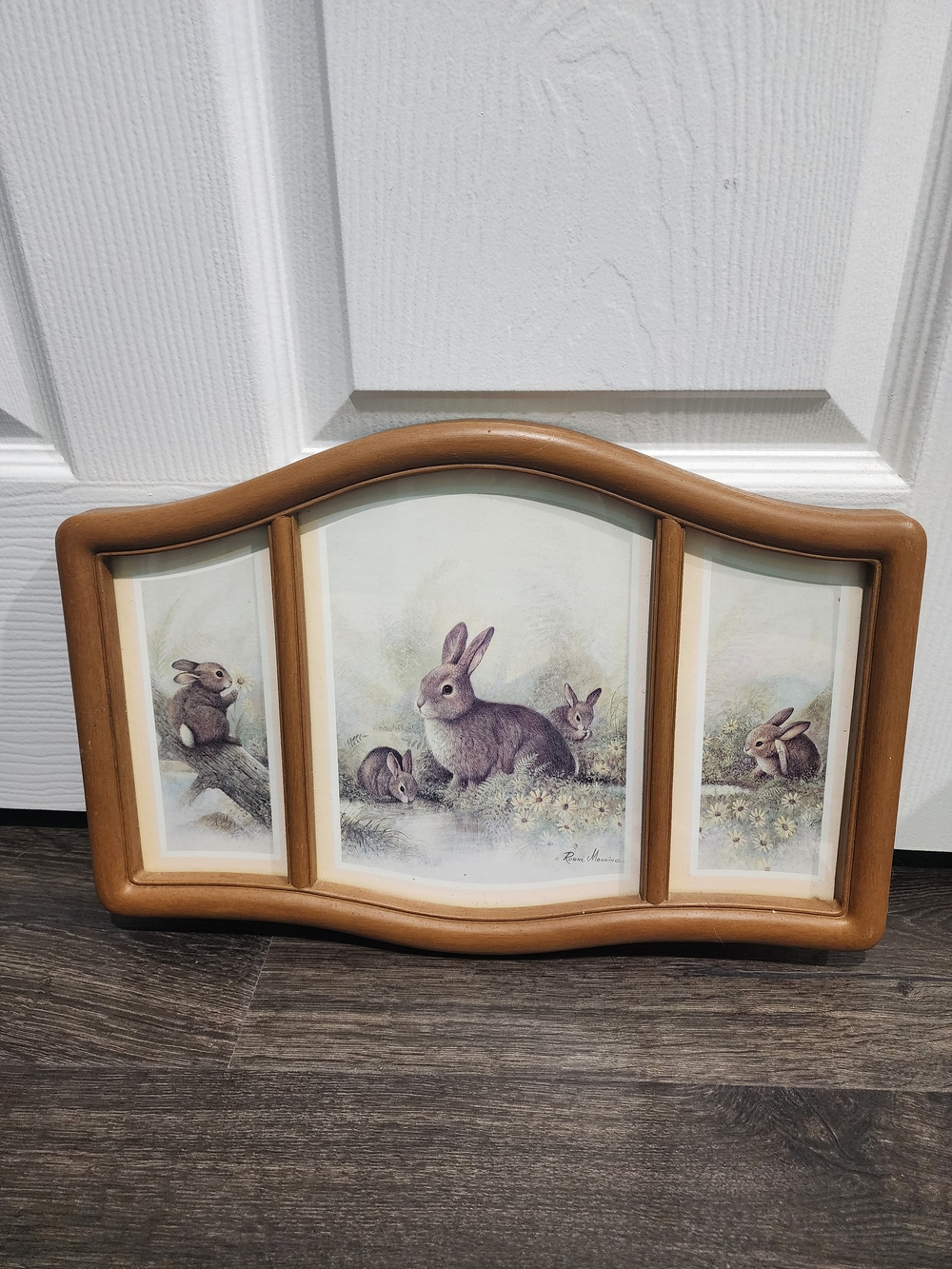 Ruane Manning Homco Bunnies Rabbits Family Triptych Framed Print Cottagecore